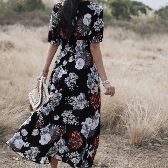 boho floral print v neck slit black midi dress - Picture 10 of 11